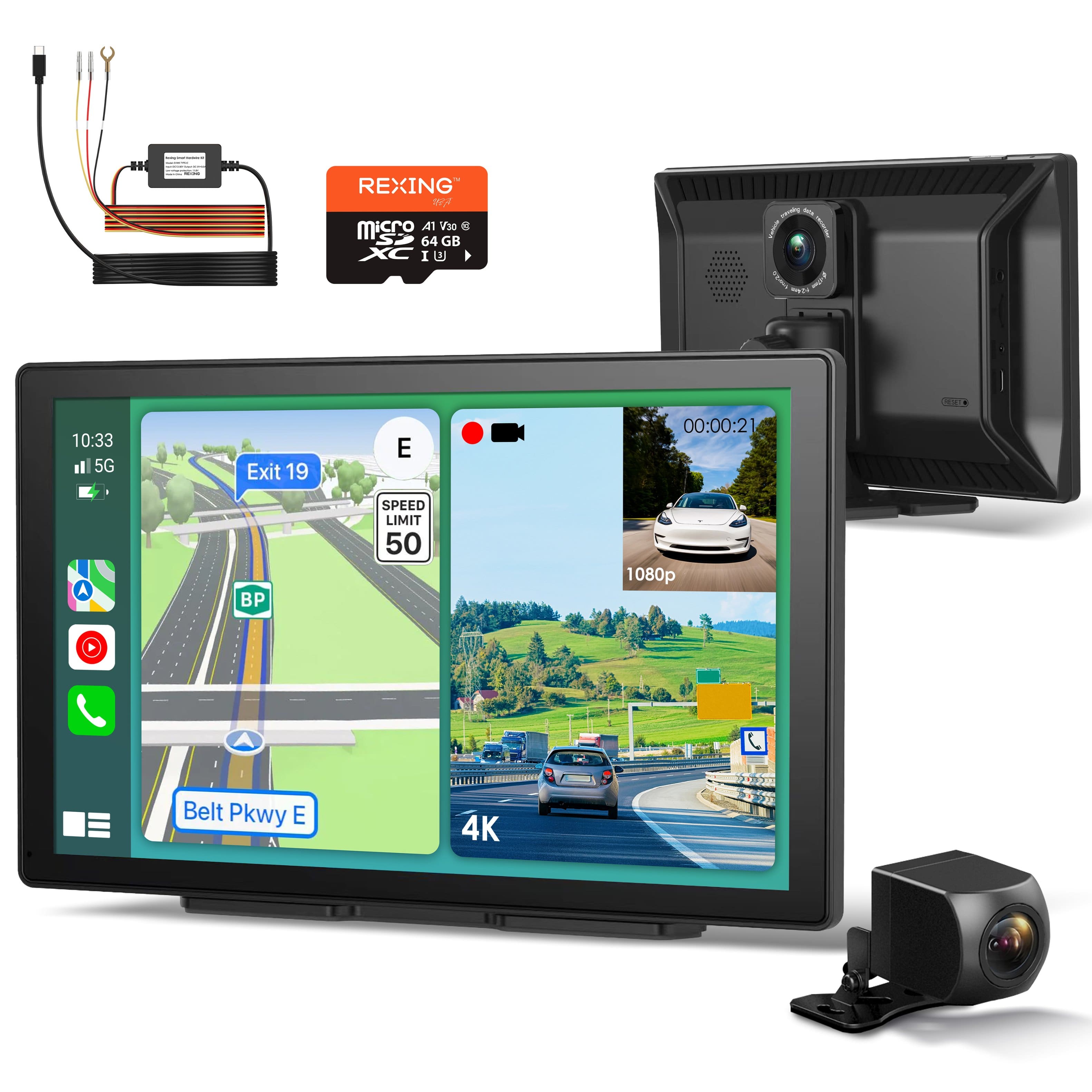 Rexing - 4K+1080p Dash Cam with CarPlay & Android Auto, WiFi, GPS, and Parking Mode for Seamless Connectivity - Black produc…