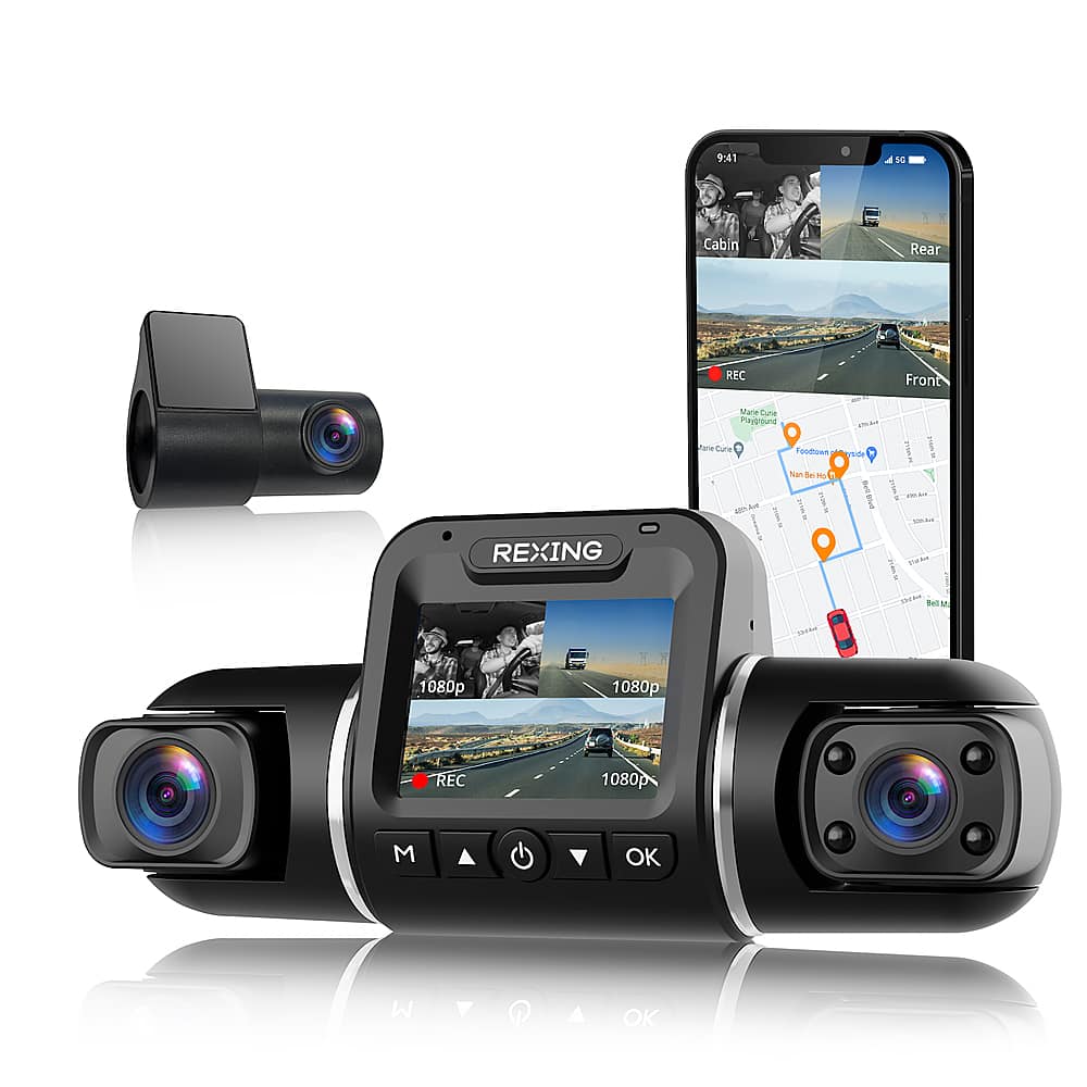 Rexing - V2 Pro 1080p 3-Channel AI Car Dash Cam with Wi-Fi Built-in GPS and Adhesive Mount - Black product image
