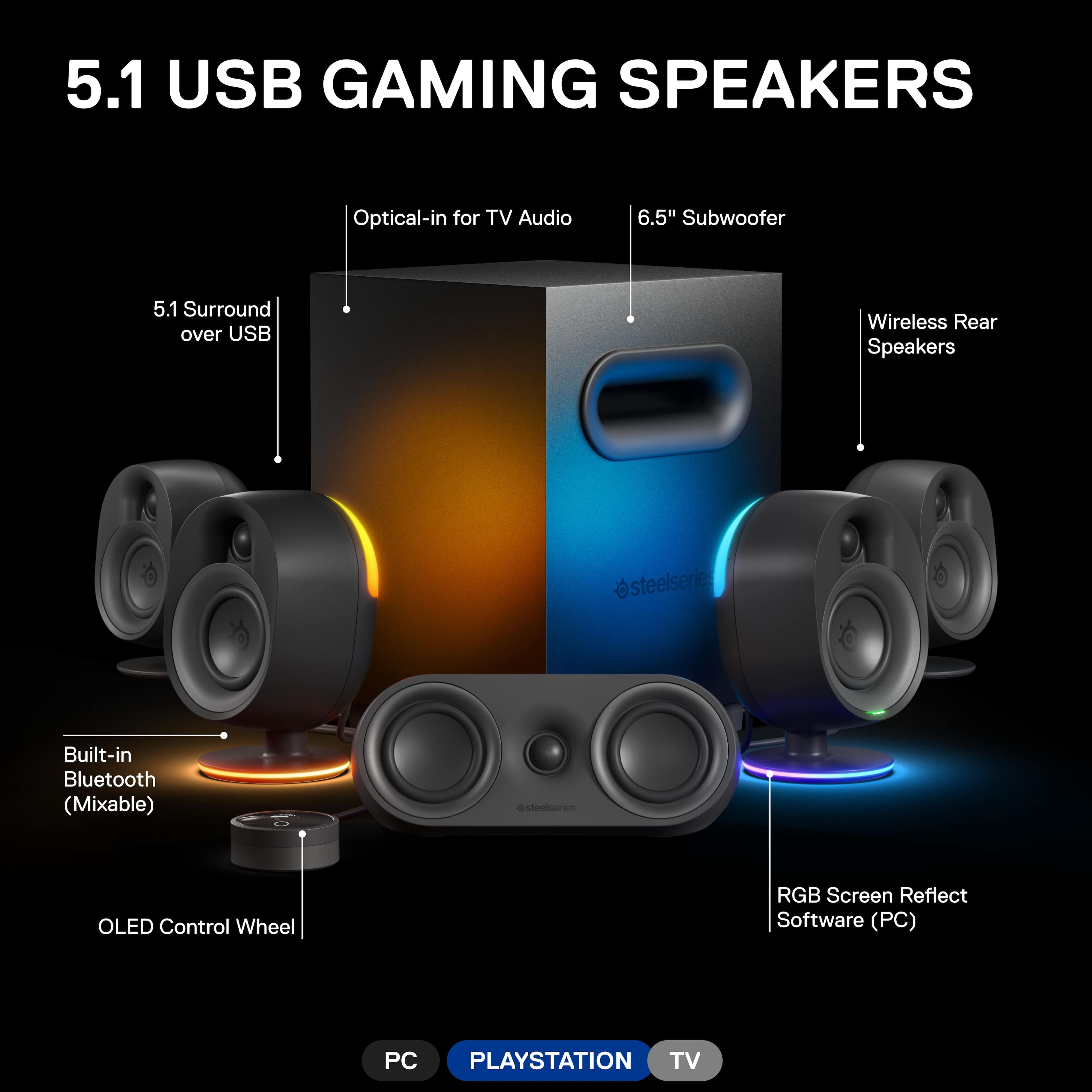SteelSeries - Arena 9 5.1 Bluetooth Gaming Speakers with RGB Lighting (6 Piece) - Black product image