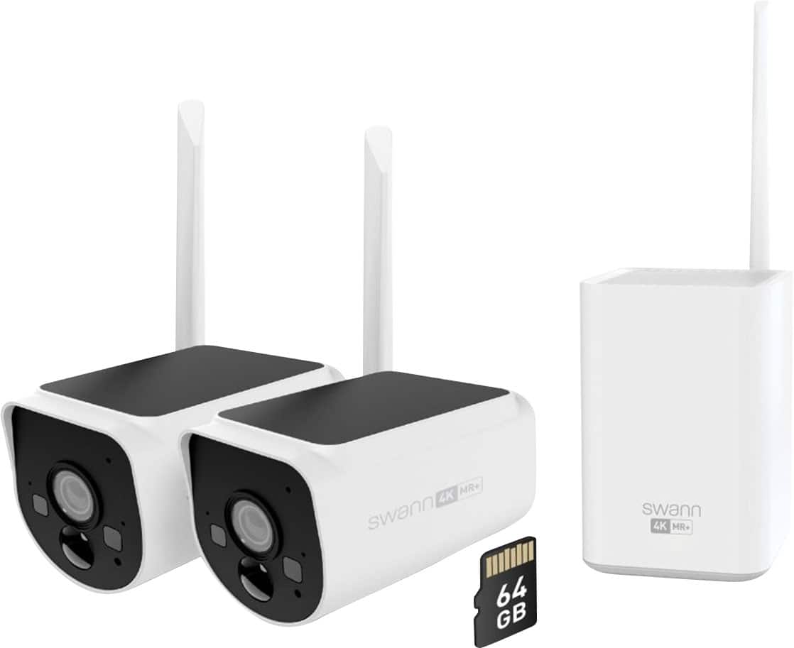 Swann - MaxRanger Version 2 4K Solar Wireless Security System W/ Base Station & 2 Forever Charged Solar Powered Cameras, 64G…