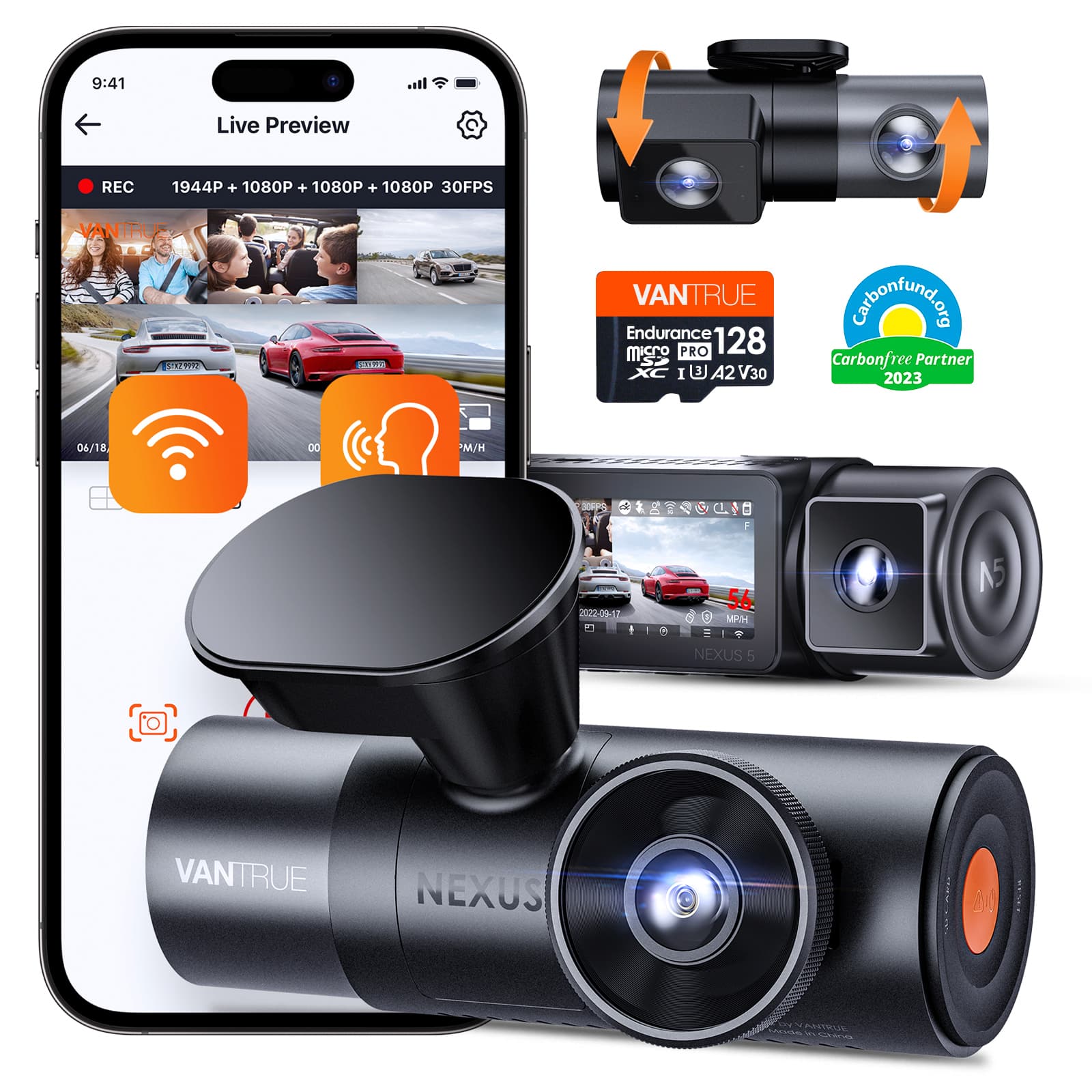 Vantrue - N5 4-Channel Dash Cam w/ 128GB Micro SD Card, All-Around Coverage, Parking Mode, Night Vision, 5GHz Wi-Fi & GPS -…