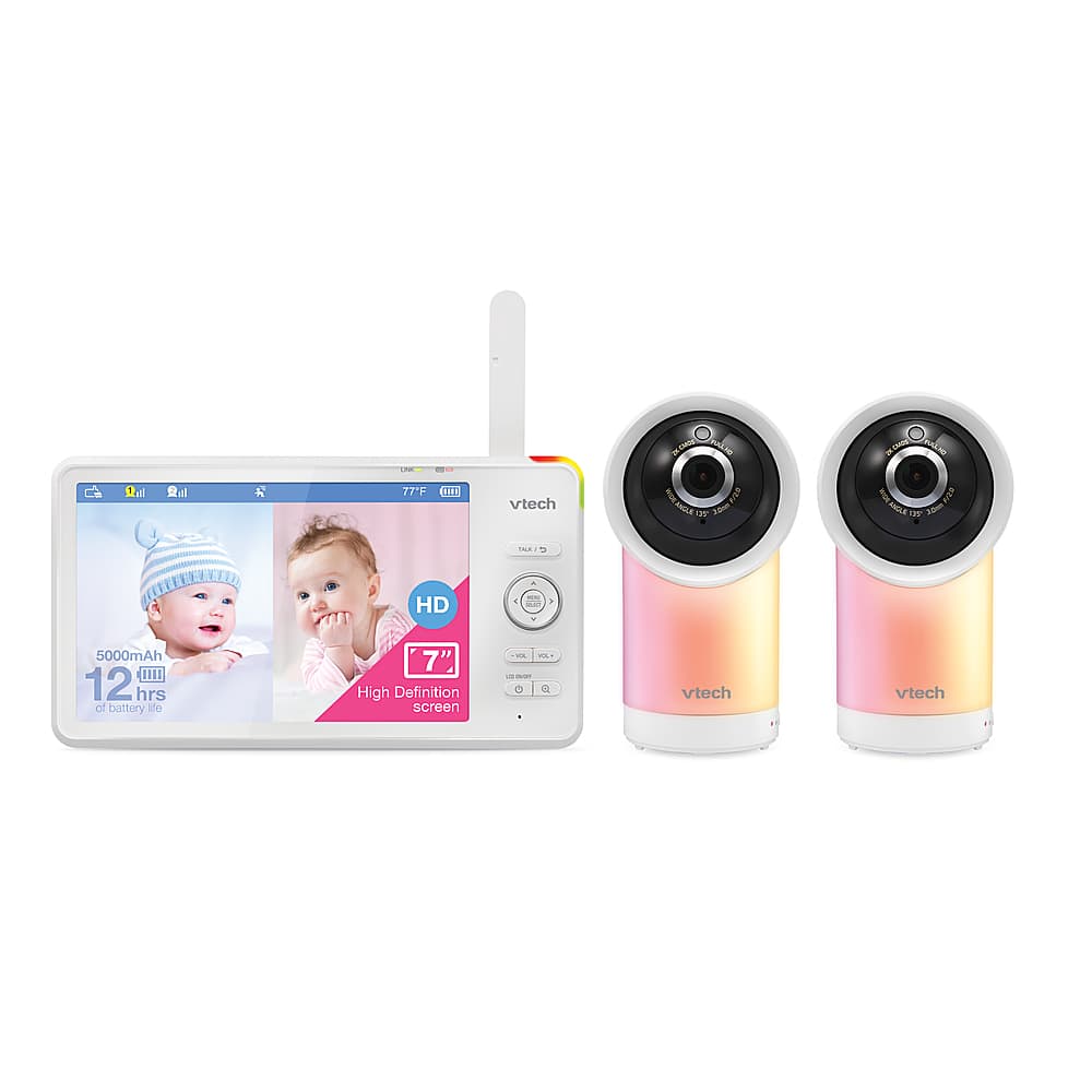 VTech - 2 Camera 1080p Smart WiFi Remote Access 360 Degree Pan & Tilt Video Baby Monitor with 7” Display, Night Light - Whit…