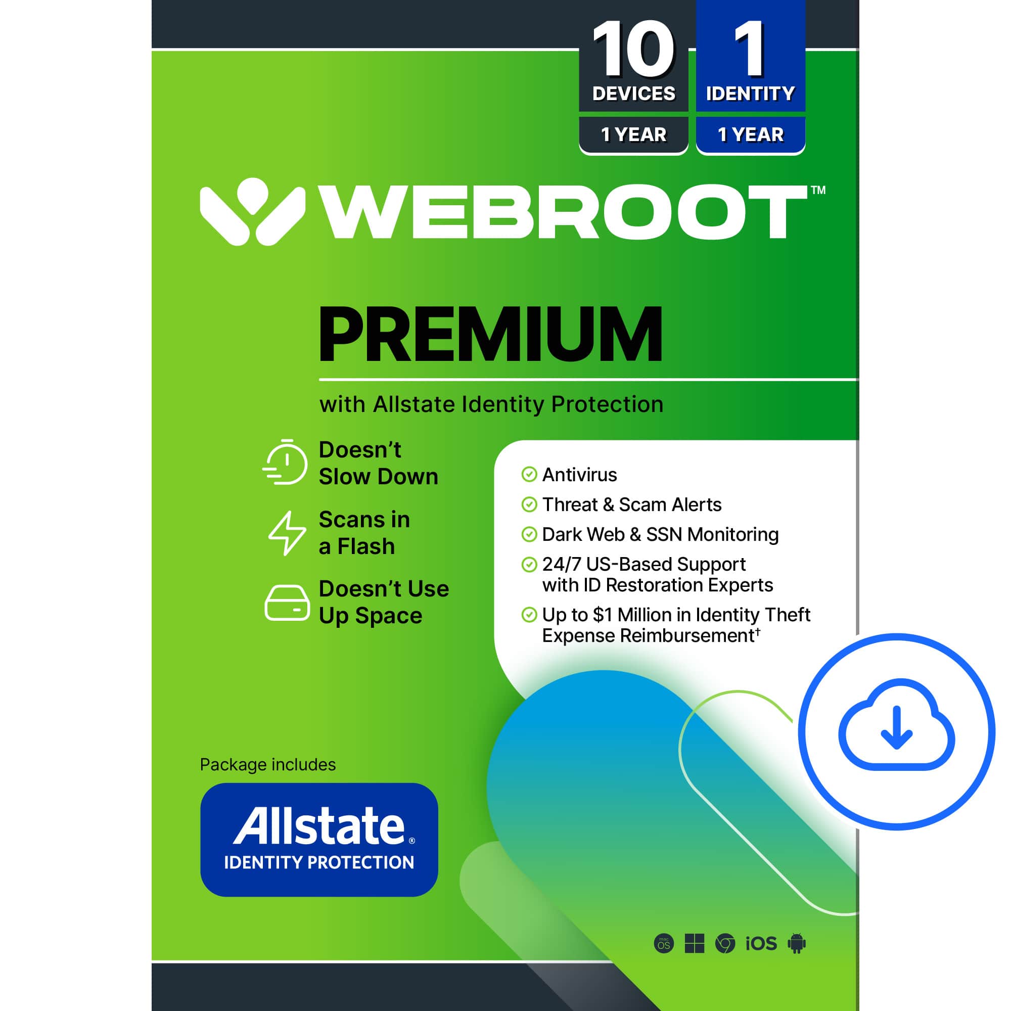 Webroot - Premium Antivirus Protection (10 Device) with Allstate Identity Protection (1 Identity) - Android, Apple iOS, Chro…