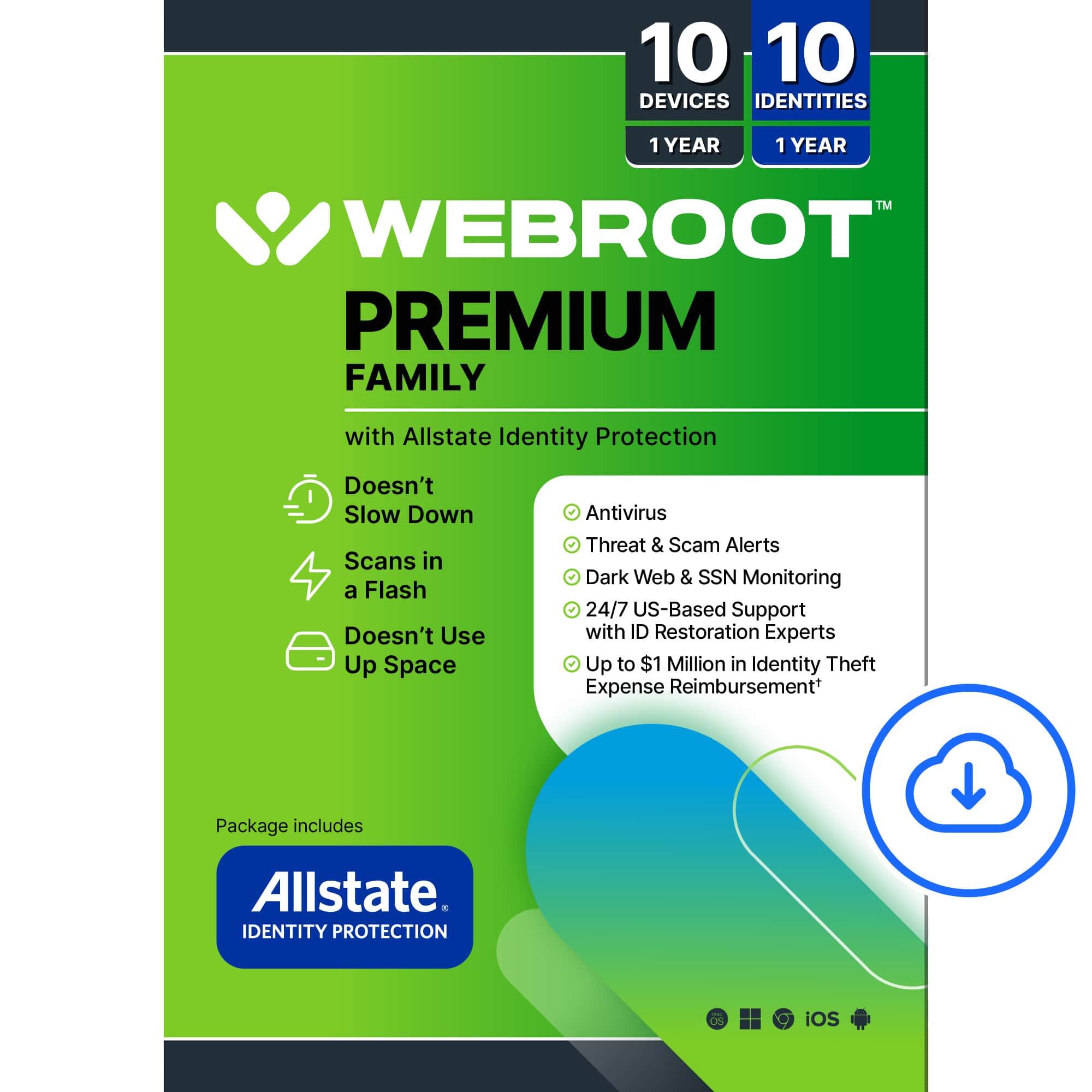 Webroot - Premium Family Antivirus Protection (10 Device) with Allstate Identity Protection (10 Identities) - Android, Apple…