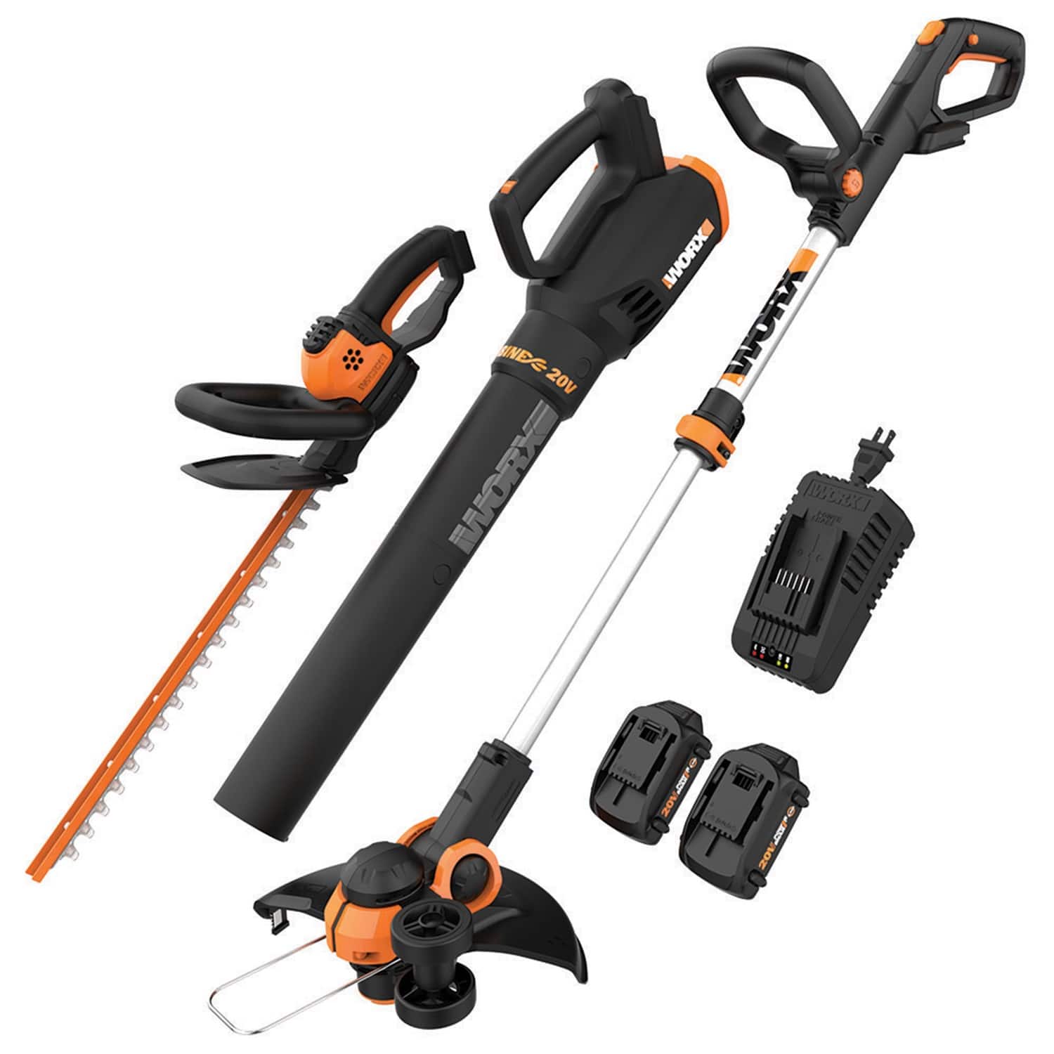 WORX - 20V Cordless Grass Trimmer, Hedge Trimmer, and Leaf Blower Combo Kit (2 x 2.0 Ah Batteries & 1 x Charger) - Black pro…