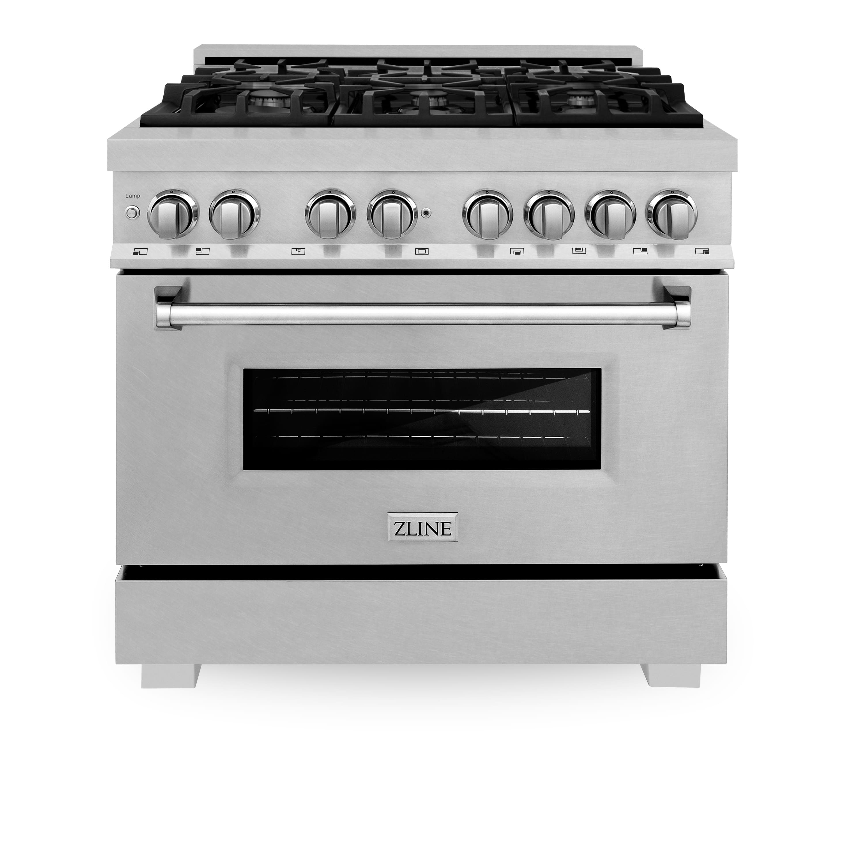 ZLINE - 36 in. 4.6 cu. ft. Freestanding Legacy Dual Fuel Range with 6 Burner Gas Cooktop and Electric Oven in Satin Steel -…